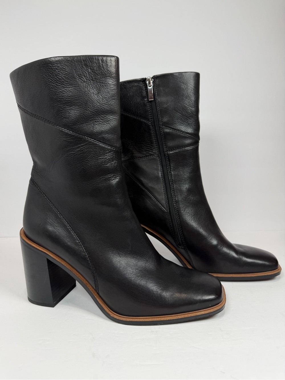 Franco Sarto L-Stevie Black Leather Mid-Calf Block Heel Boots Size 11M
